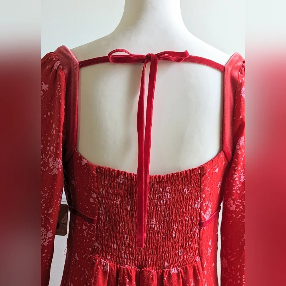 NWT.....Free People Tess Velvet-Trim Red Floral Mini Dress Size Small - Picture 8 of 12